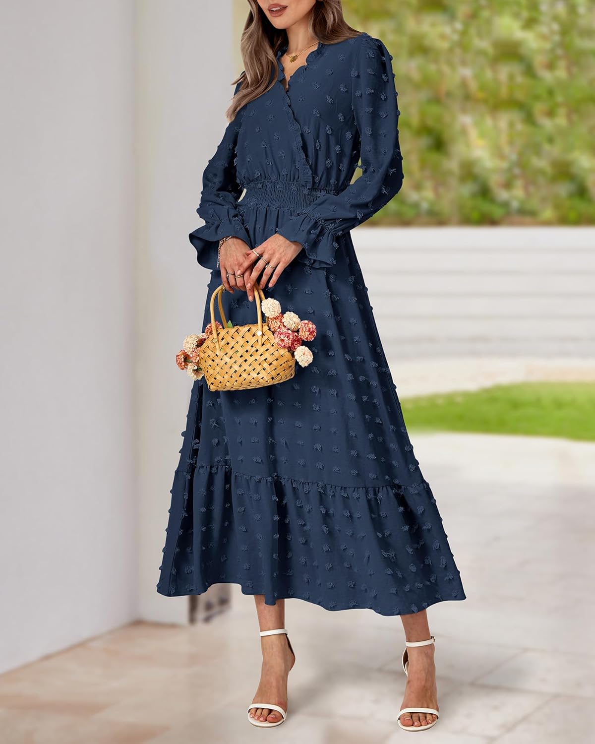 BTFBM Women Fall Maxi Dresses 2025 Long Sleeve V Neck Swiss Dots High Waisted A-Line Ruffle Boho Long Dress Vacation