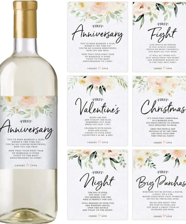 Printed Party Marriage Milestones, Floral Wedding Firsts, 6 Wine Bottle Labels