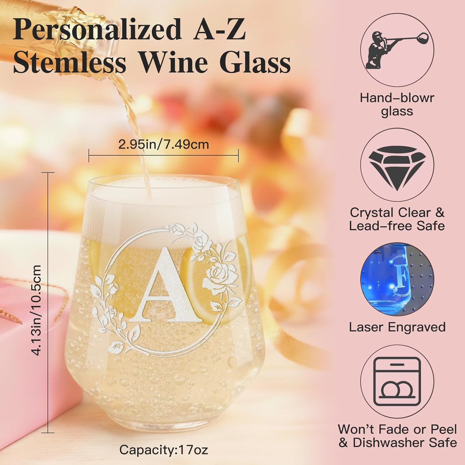 Personalized Stemless Wine Glass – Custom Engraved Monogrammed Initial Glasses,Bridal Shower, Birthday, Wedding, or Engagement Gift for Women Her-A