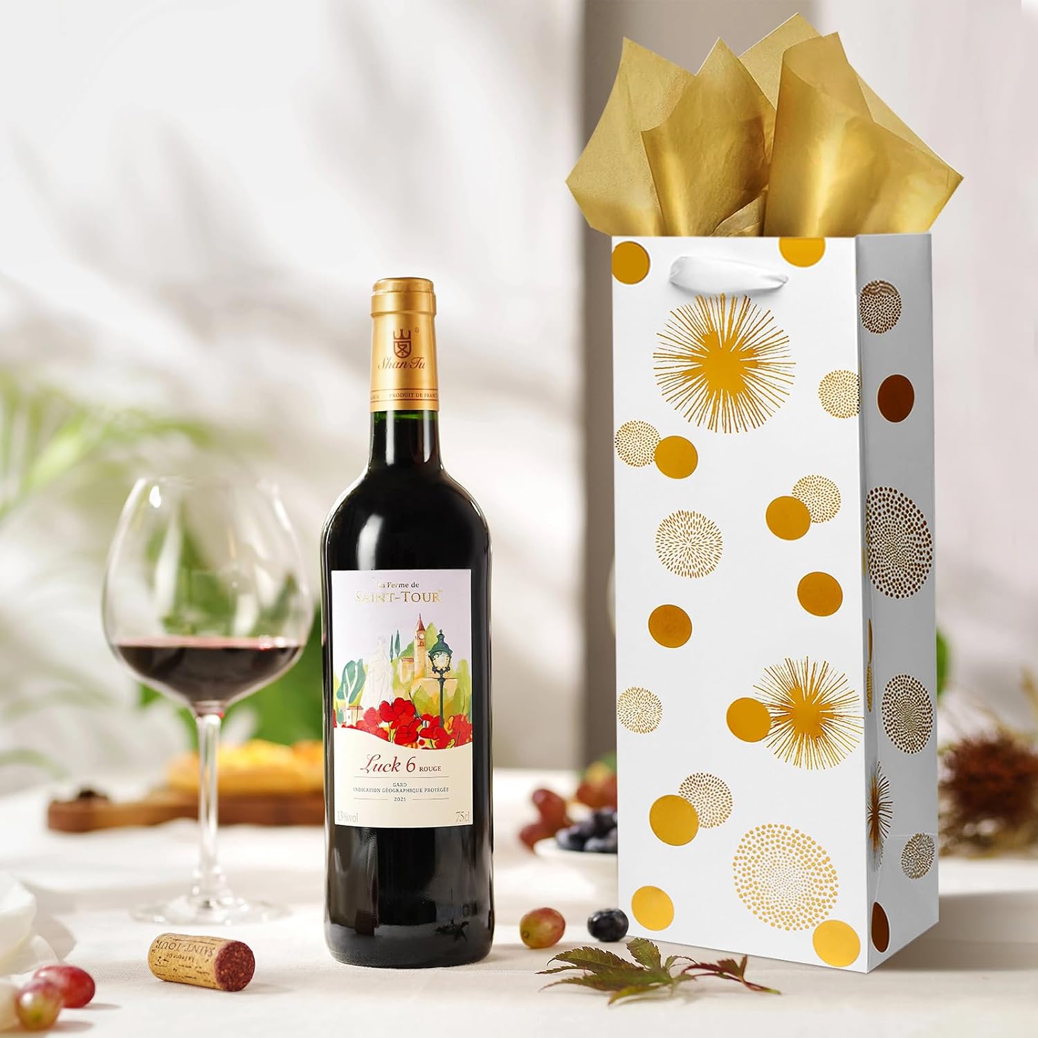 Carnation Wine Bags – 12 Pack Gold Foil Wine Bottle Gift Bags for Special Occasions (14Inch, Gold)