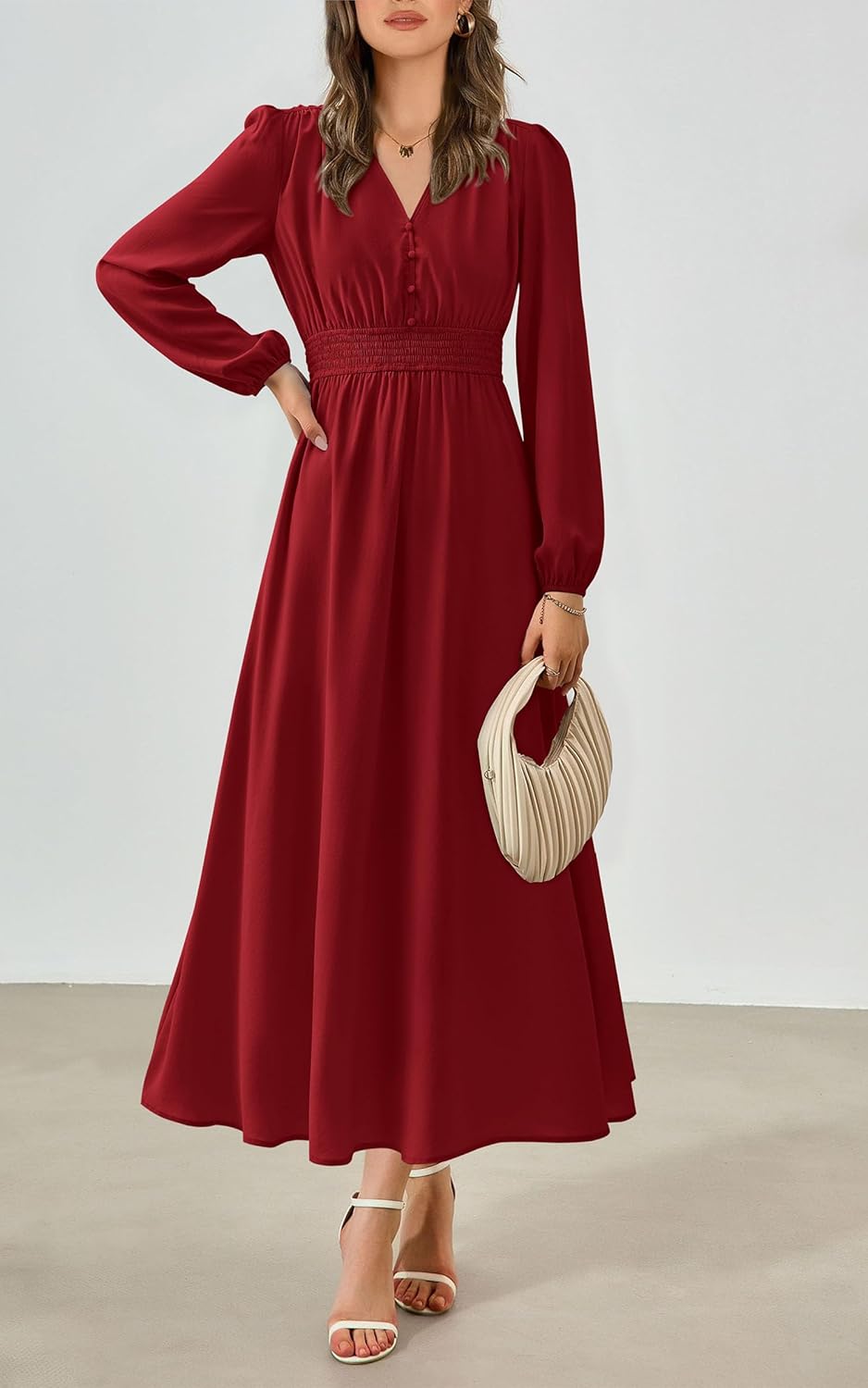 PRETTYGARDEN Womens Long Sleeve Maxi Dress 2025 Fall Trendy Elegant V Neck Flowy Wedding Guest Holiday Formal Long Dresses