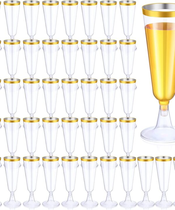 Thenshop 50 Pcs Plastic Champagne Flutes Disposable Champagne Glasses Bulk 5.5 oz Clear Mimosa Cocktail Cups with Rim Detachable Glasses for Wedding Party Birthday Anniversary(Gold, Clear)