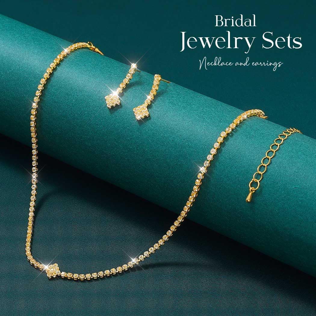 Aukmla Rhinestones Bridal Wedding Jewelry Sets Sparkly Necklace Earrings Bracelet Set Prom Formal Jewelry for Brides and Women