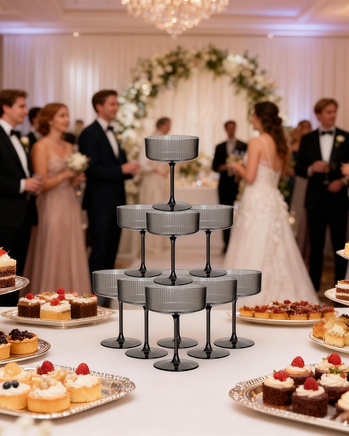 Ciaell 12PCS Plastic Ribbed Martini Glasses – 10 Oz Black Disposable Coupe Glasses with Stem – Heavy Duty Margarita Cups for Bars, Cocktails, Whiskey, Parties & Wedding & New Year