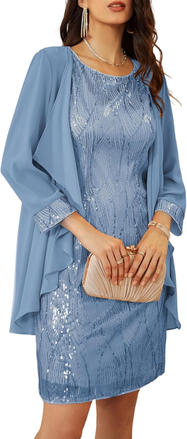 GRACE KARIN Women's Sequin Dress - Wedding Guest & Mother of The Bride Formal Dress - Two Piece Knee Length