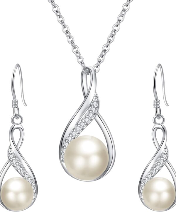 EleQueen 925 Sterling Silver CZ Freshwater Cultured Pearls Bridal Pendant Necklace Earrings Wedding Jewelry Sets, Valentine's Day/Mother's Day/Christmas Gift