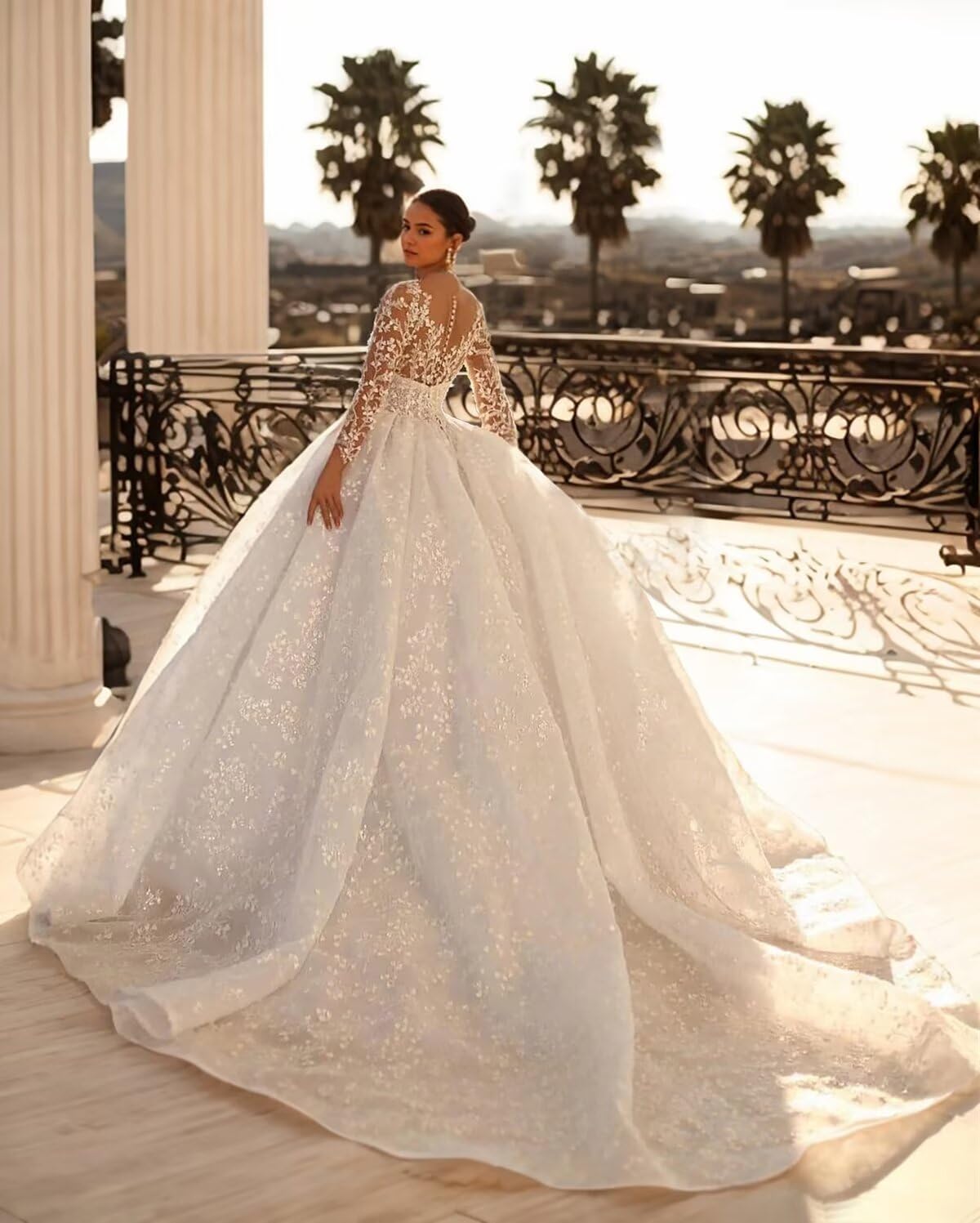 Jamille Women’s Lace Beach Wedding Dresses for Bride 2025 Deep V Neck Long Ball Gowns with Train Sleeve High Waist JA0125