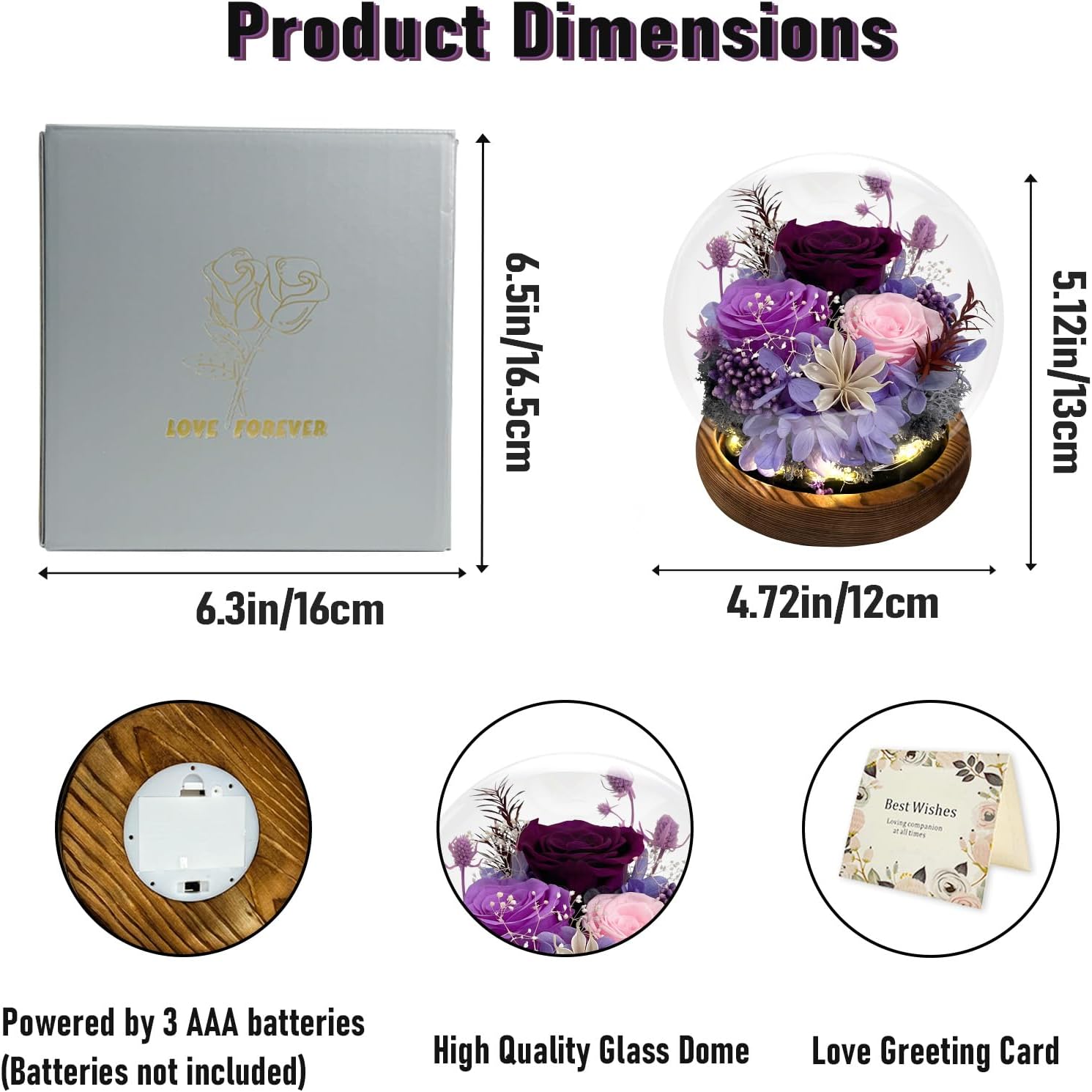 FIACO Gifts for Mom Women Birthday Preserved Flowers in Glass Dome Forever Fresh Flowers for Delivery Prime Long-Lasting Eternal Roses Gifts for Grandma Sister Daughter Wife Her Girlfriend Purple