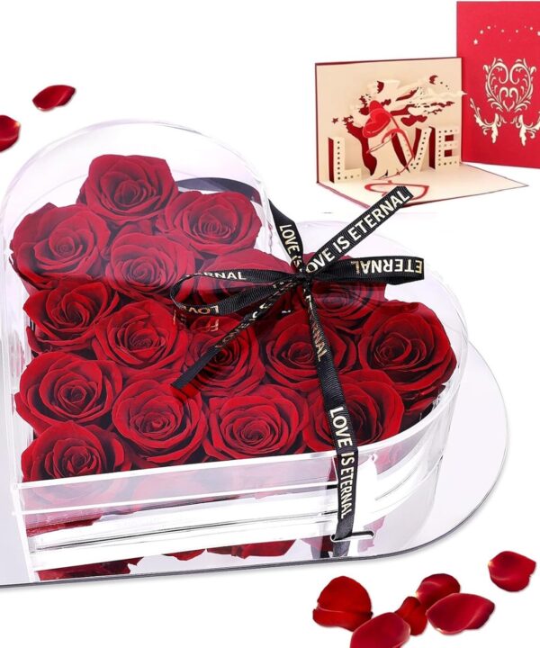 Preserved Flowers in Heart Shape Acrylic Box, 16Pcs Eternal Roses, Fresh Forever Roses, Birthday Gifts for Women, Wife, Her, Mother's Day, Valentine's Day, Burgundy