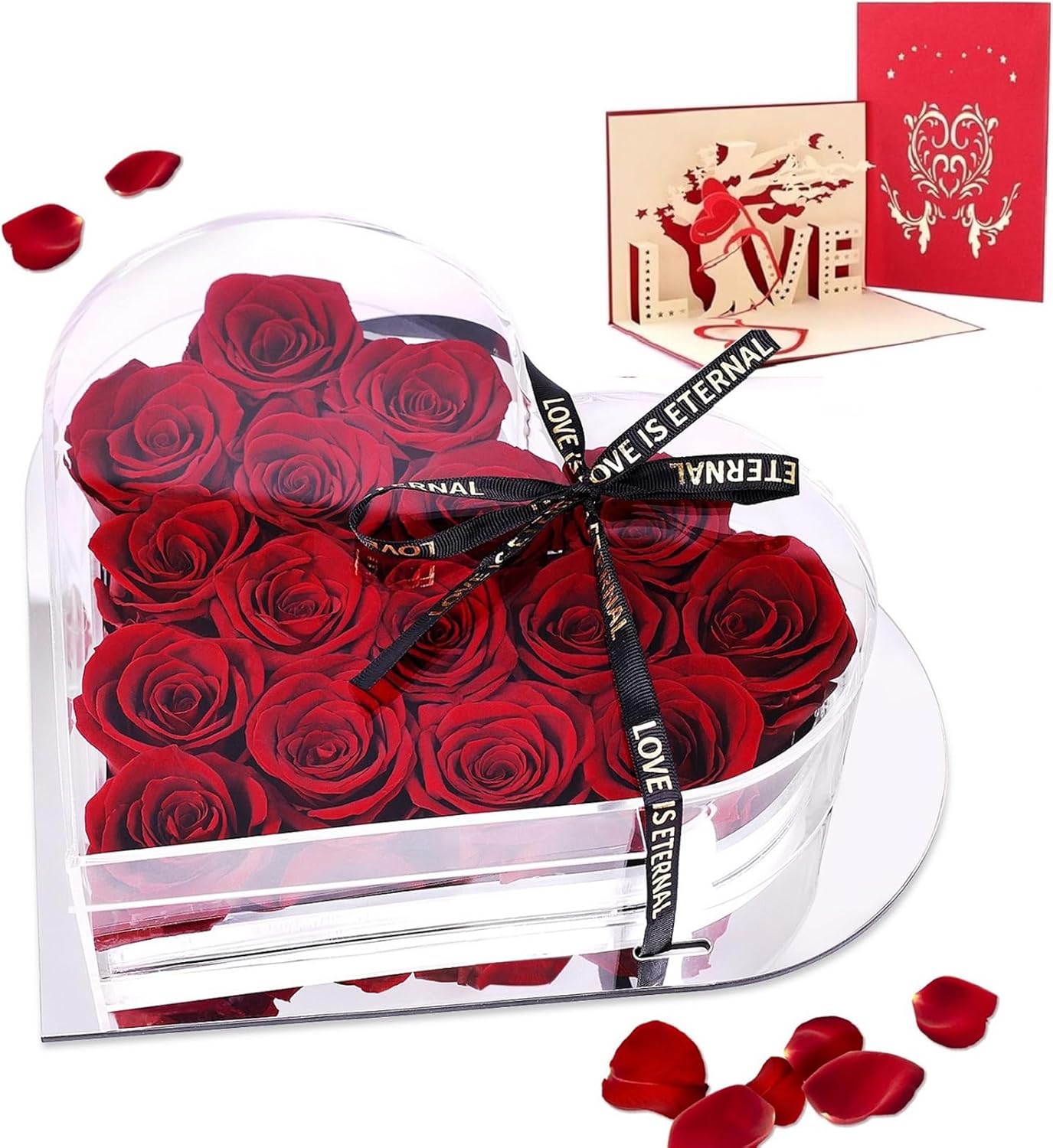 Preserved Flowers in Heart Shape Acrylic Box, 16Pcs Eternal Roses, Fresh Forever Roses, Birthday Gifts for Women, Wife, Her, Mother's Day, Valentine's Day, Burgundy