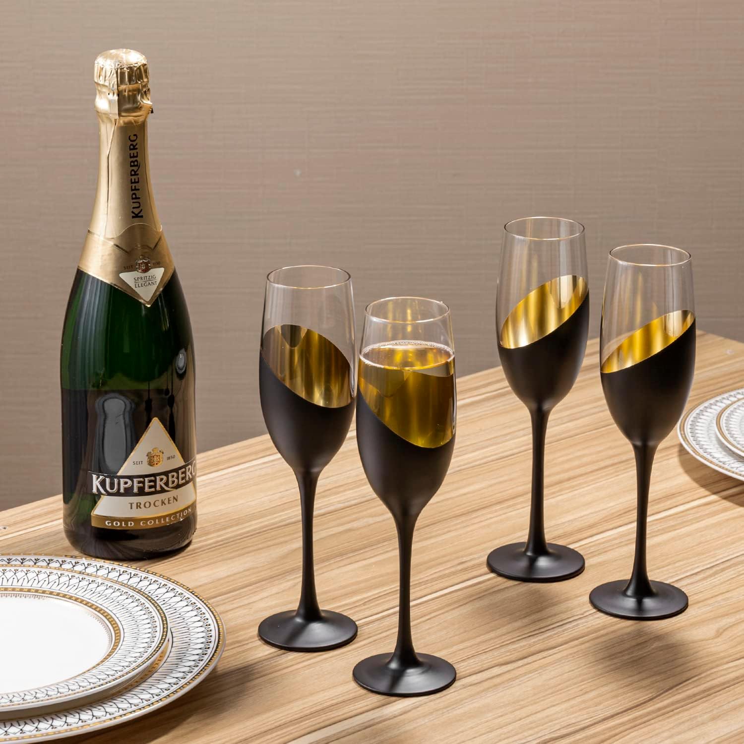 MyGift Modern Stemmed Champagne Flute Glasses Set of 6 with Matte Black and Gold Plated Design, Toasting Glass Party and Wedding Wine Glass, 8 oz