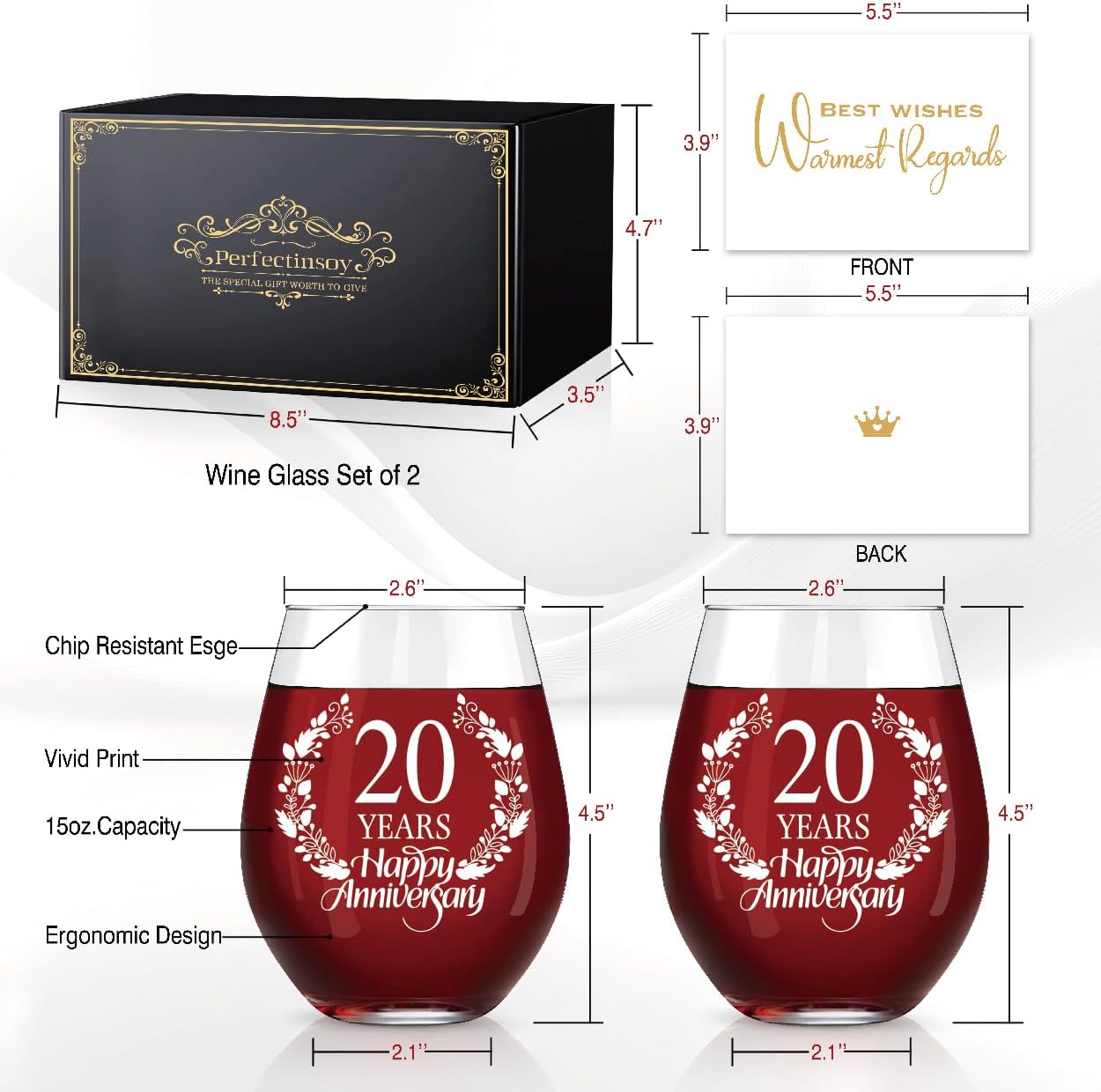 Perfectinsoy 20 Years Happy Anniversary Wine Glass Set of 2, Happy 20th Anniversary Wedding Gifts for Mom, Dad, Wife, Soulmate, Couple, Funny Vintage Unique Personalized, 20 Years Gifts
