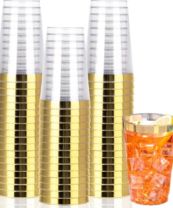 I00000 50 Pack 14 oz Gold Plastic Cups, Gold Disposable Cups Tumblers, Disposable Plastic Wine Glasses Cocktail Glasses Perfect for Wedding, Halloween, Thanksgiving, Christmas Parties