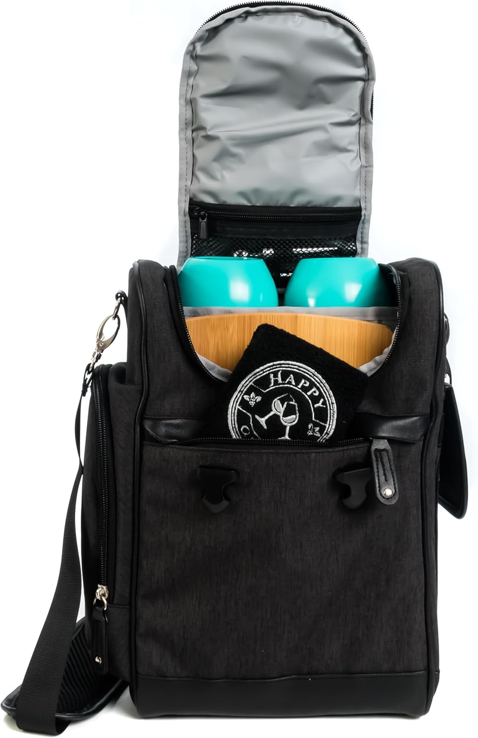 Happy Grapes Wine Tote Bag Set – Insulated Wine Carrier with 2 Stainless Steel Tumblers, Aerator, Charcuterie Board & Knife, Bottle Stoppers, Opener & Wash Cloth – for Picnics Beach Patio Pool Camp t