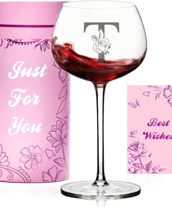Personalized Wine Glass Gifts for Women,Customized Monogrammed A-Z Christmas Gift,Valentines Day,Birthday Gifts for Women,Unique Wine Gifts for Her,Mom,Wife,Best Friend,Sister (Letter T)