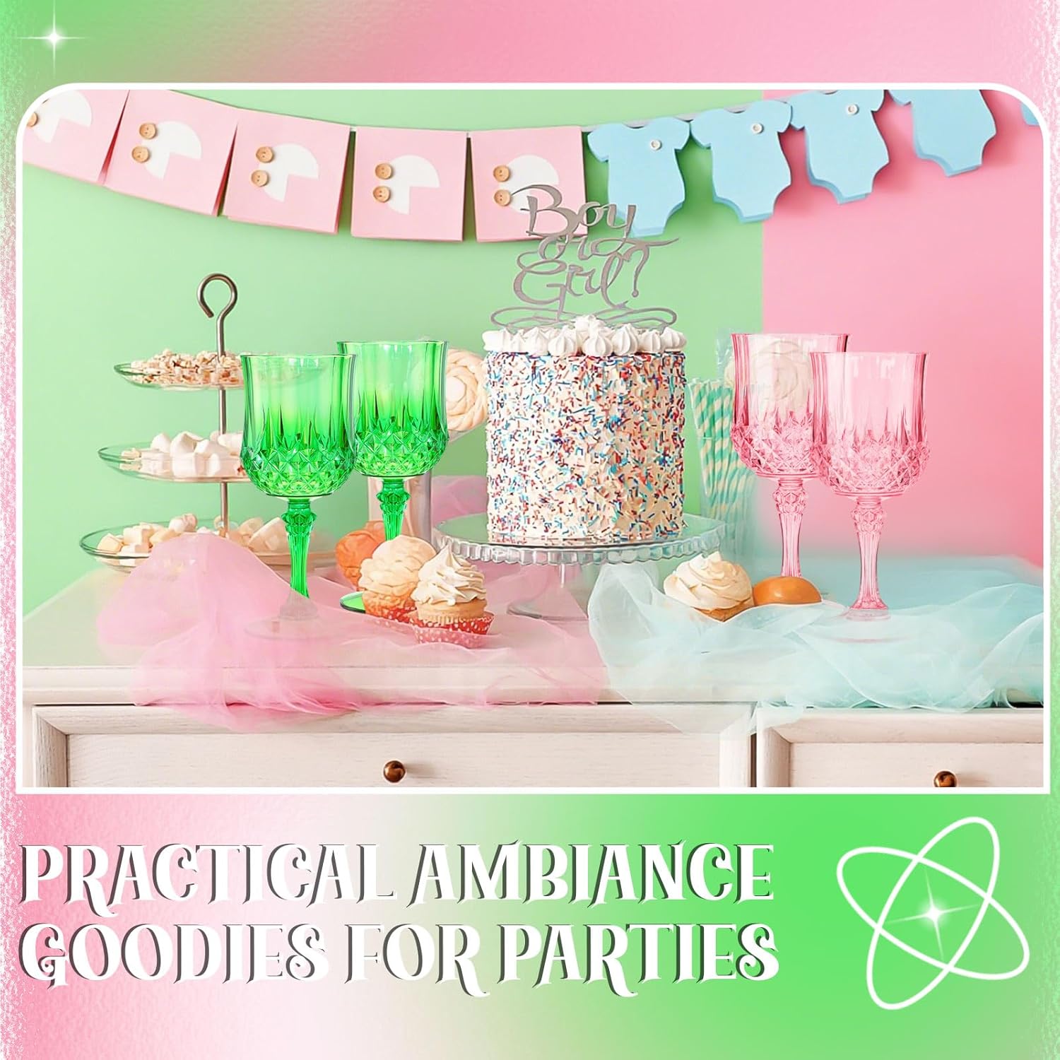 LemonRoad 12 Pcs Pink and Green Plastic Wine Glasses Christmas Party Vintage Plastic Goblets Drinking Glasses for Wedding Reception Bridal Showers Grand Event Party Supplies