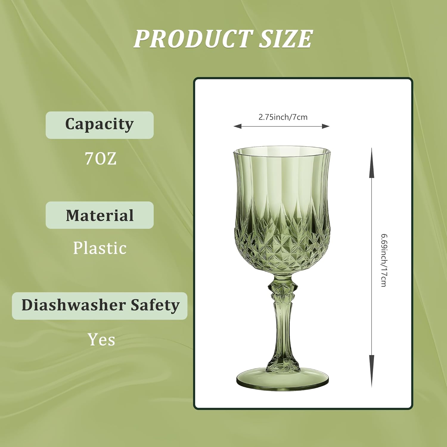 24PCS 7OZ Green Wine Plastic Glasses, Drinking Champagne Glasses Flutes Crystal Vintage Water Unbreakable Goblets for Wedding, Parties