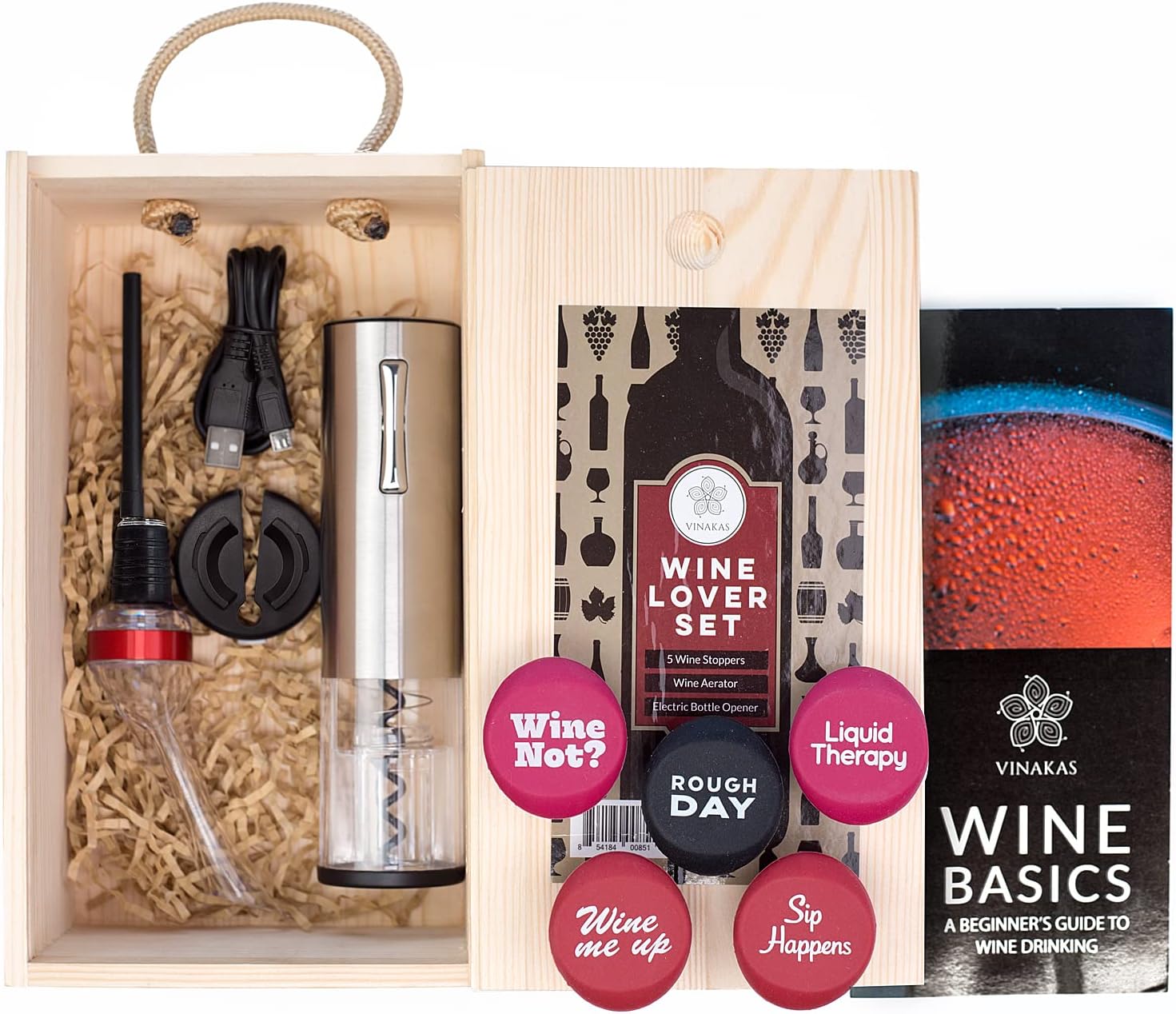 Wine Gifts Set Wine Accessories Set w/Wooden Box- Wine Gift Set includes Rechargeable Wine Opener Set, Wine Aerator, Wine Stoppers & Pairing Guide- Wine Basket Gift – Valentine’s Day Gifts for Women
