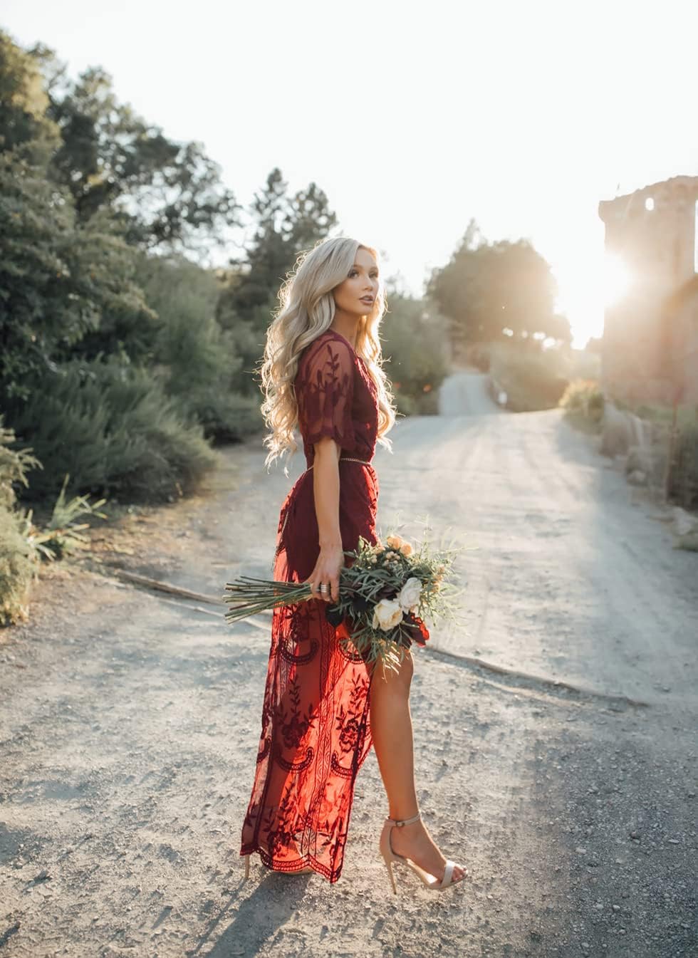 Eleter Women’s Deep V-Neck Lace Romper Short Sleeve Long Dress