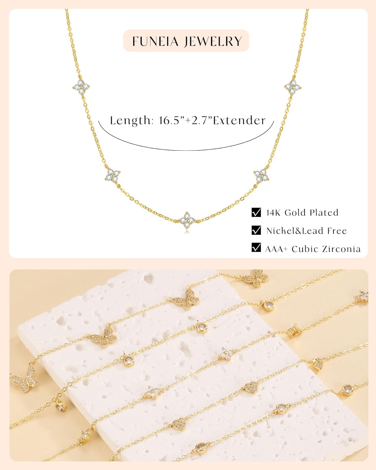 FUNEIA Dainty Silver Gold Necklaces for Women Trendy Non Tarnish 14K Gold Plated Cubic Zirconia Necklace Layered Cute Butterfly Heart Station Choker Necklace Stack for Wedding Prom Brides Jewelry