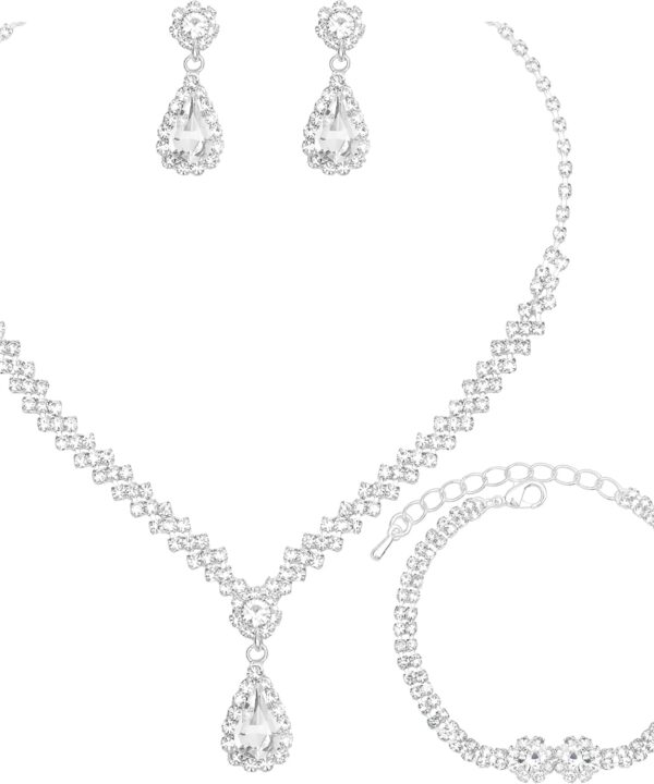 HONGLU Elegant Crystal Necklace Earrings Bracelets Set Silver Bridal Wedding Jewelry Sets Bride Bridesmaids Prom Formal Costume Accessories for Women