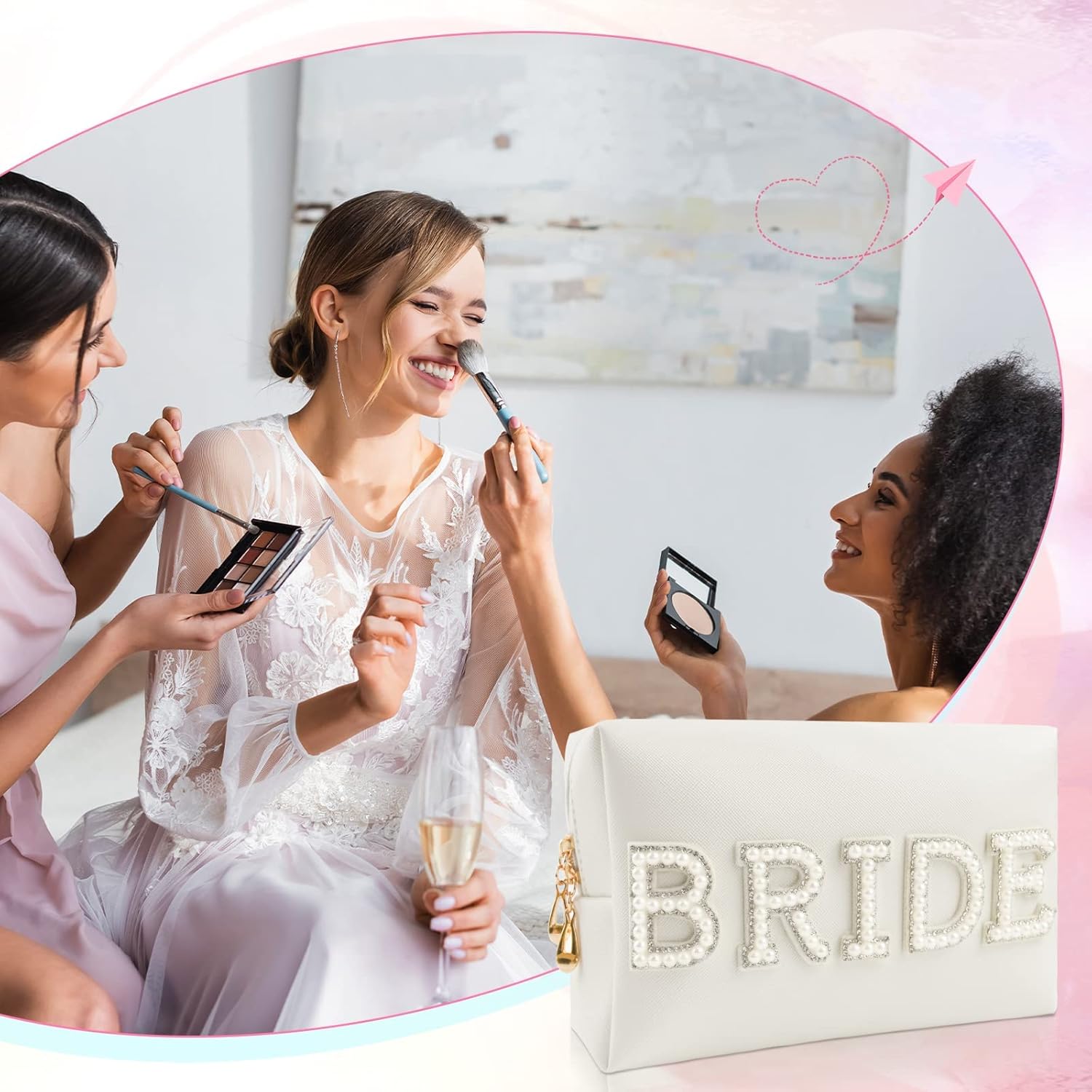 Bride Patch Letter Makeup Bag for Women Bridesmaid Engagement Gift for Her White Pearl Rhinestone Travel Toiletry Bag Make Up Bag Pouch for Purse Bridal Shower Gifts for Engagement Wedding