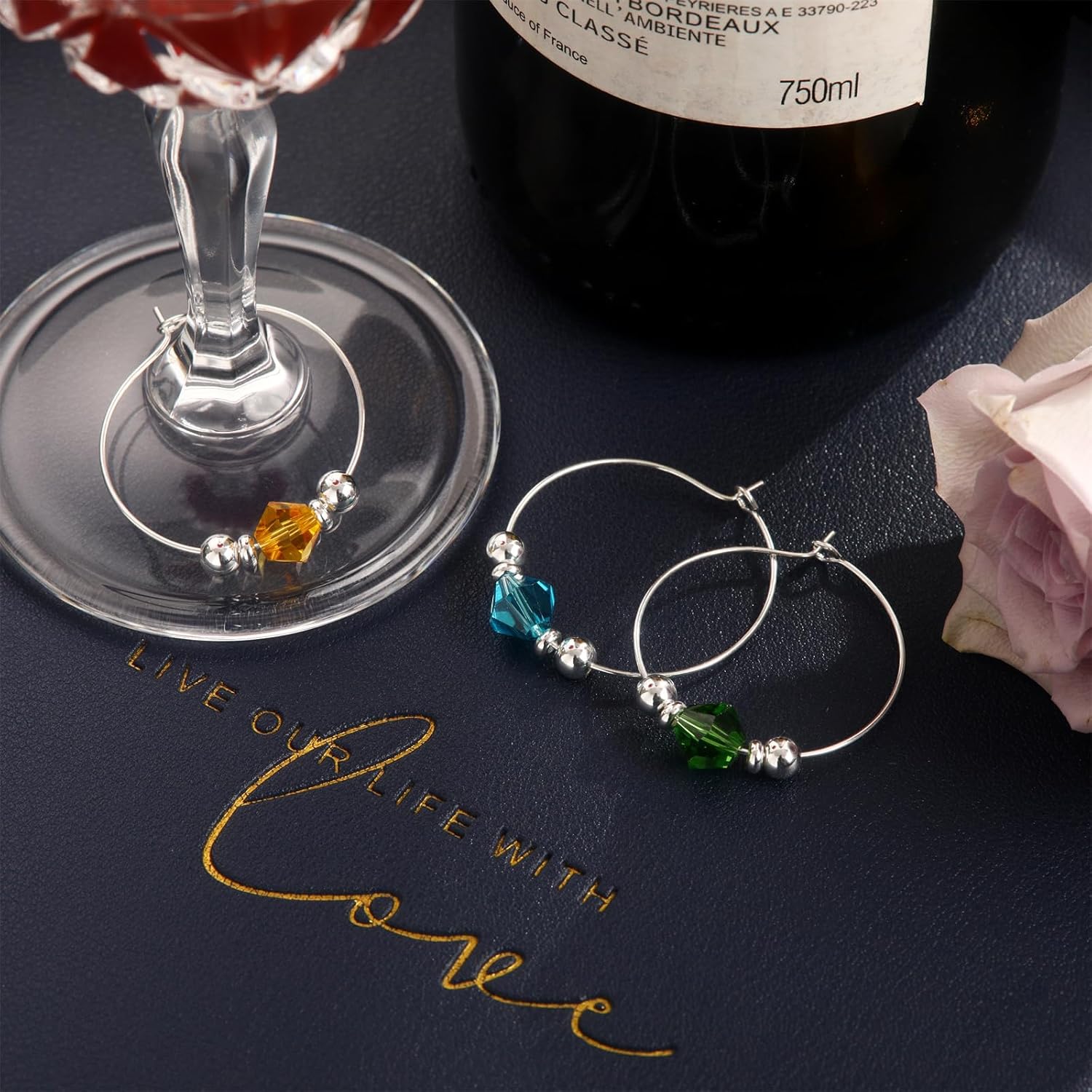 Pride & Par 12Pcs Gold/Silver Plating Ring with Gem Charms for Glasses – Wine Glass Markers for Weddings & Parties