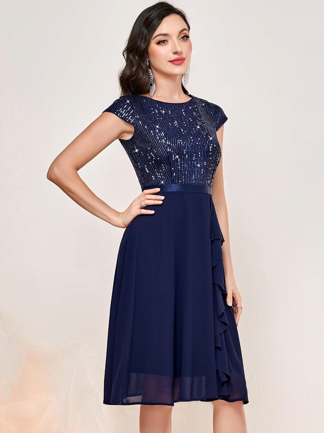 MISSMAY Womens Elegant Glitter Sequin Ruffle Style Cocktail Prom Dress