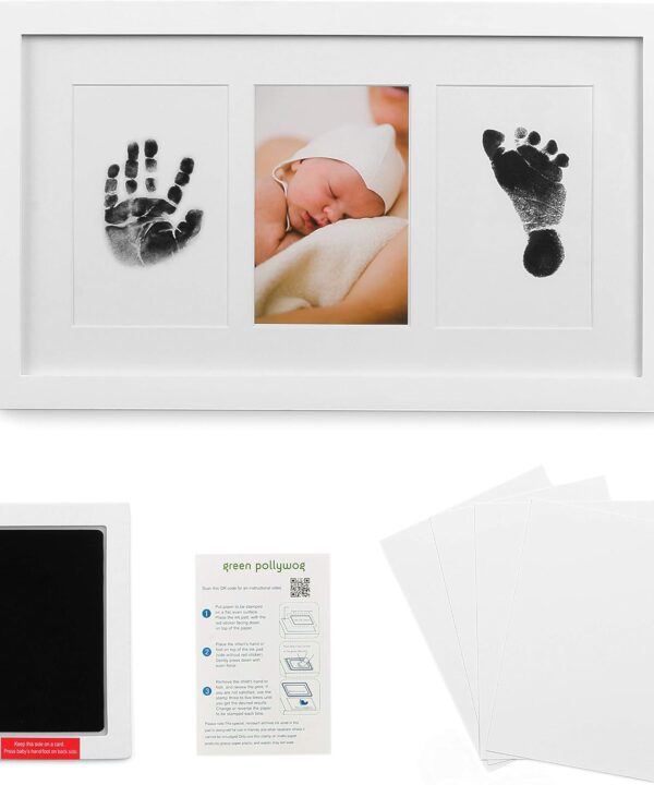 Green Pollywog Baby Handprint and Footprint Kit | Elegant White Frame with Inkless, Non-Toxic Pad | Newborn Keepsake for Baby or Dog Paw Prints