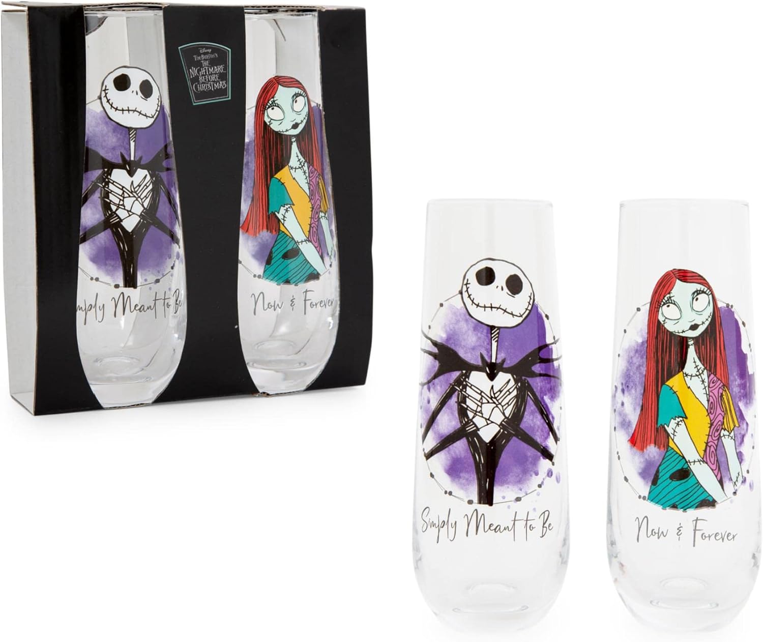 Nightmare Before Christmas Disney The Jack and Sally Stemless Fluted Glassware, Set of 2 | Toasting Champagne Glass Cups For Wine, Mimosas | Home Barware Decor, Kitchen Essentials, Housewarming Gifts