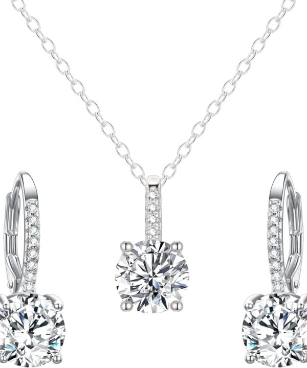 EVER FAITH Bridal Wedding Jewelry Set, 925 Sterling Silver Sparkly Round Cut White CZ Birthstone Hypoallergenic Engagement Necklace Earrings Set