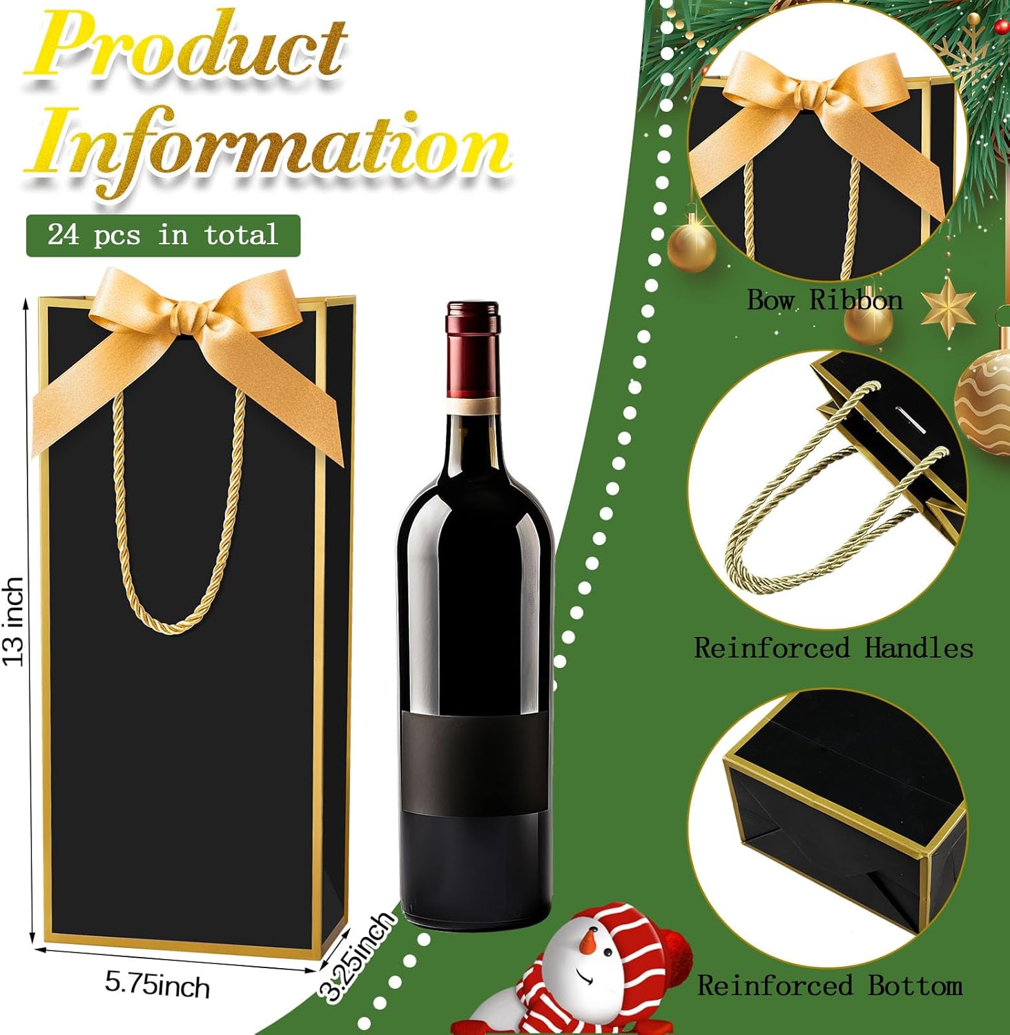 Engrowtic 24 Pcs Wine Gift Bag with Ribbon Bow Reusable Liquor Bag with Foil Print Elegant Thank You Gift for Christmas Valentine Wedding Shower Birthday Holiday (Black Gold)