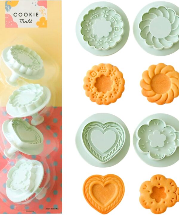 Jam Cookie Cutters Set of 4, Thumbprint Pop-Out Valentine's Day Cookie Cutters, Flower Heart Cookie Mold for Anniversary, Birthday, Engagement and Valentines' Day, Wedding