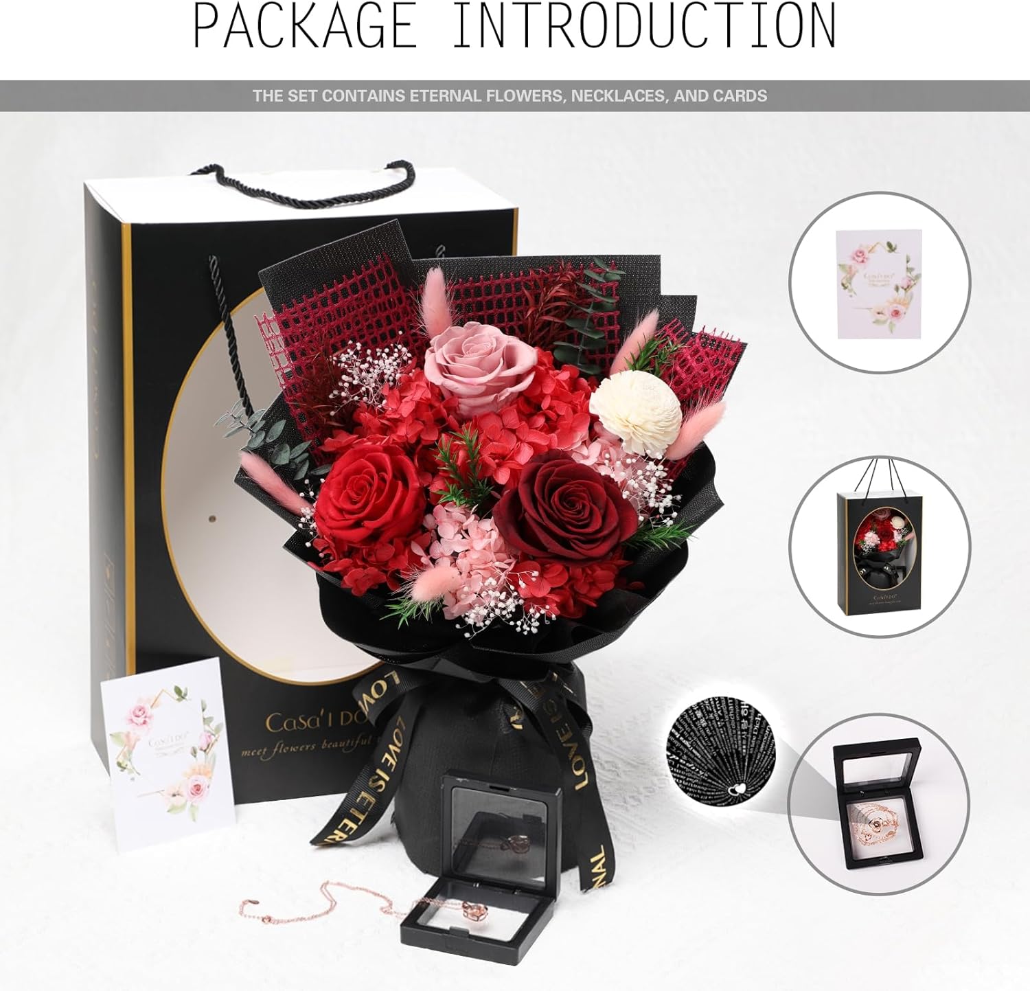 Preserved Flowers for Delivery, Red Flower Bouquets with Necklace, Forever Real Roses Anniversary Birthday Gifts for Women Mom Wife Girlfriend, Fresh Flowers for Valentines Day Christmas