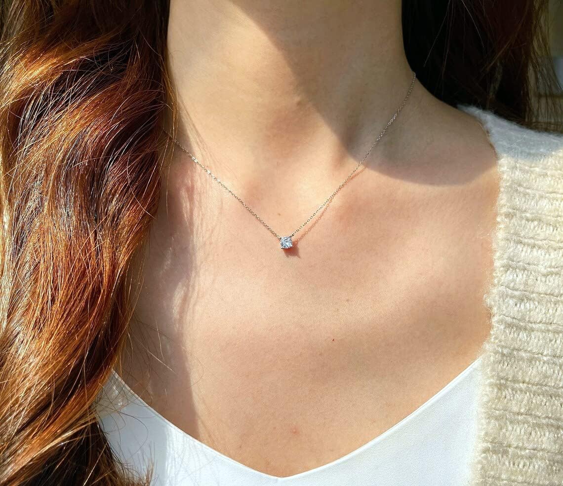 ASCOMY Dainty CZ Diamond Solitaire Pendant Necklaces for Women 14K Gold Plated Single Round Cubic Zirconia Square Simulated Diamond Choker Necklace Bride Bridesmaid Weeding Jewelry Gifts
