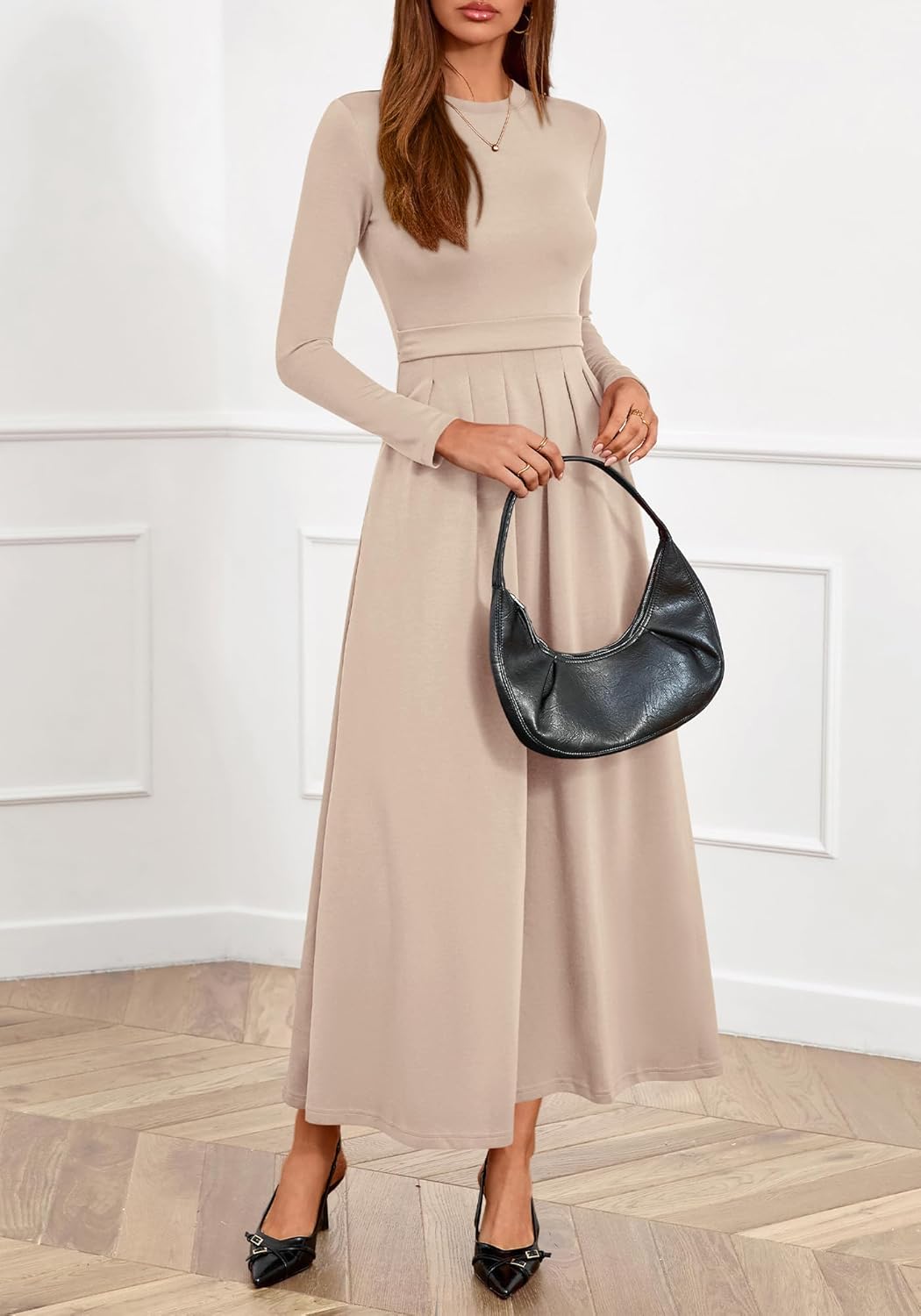 BTFBM Long Sleeve Dress for Women 2025 Winter Business Casual Clothes Pleated Fall Wedding Guest Dresses Pockets