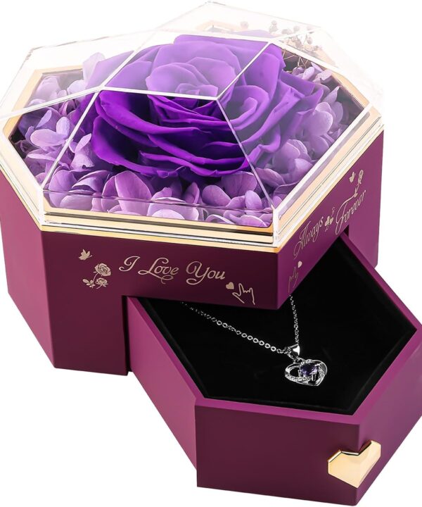 Heart Shape Preserved Real Rose Box with Necklace, Forever I Love You Roses Gifts for Her, Eternal Flowers Gifts for Women, Anniversary Thanksgiving Ideas - Purple