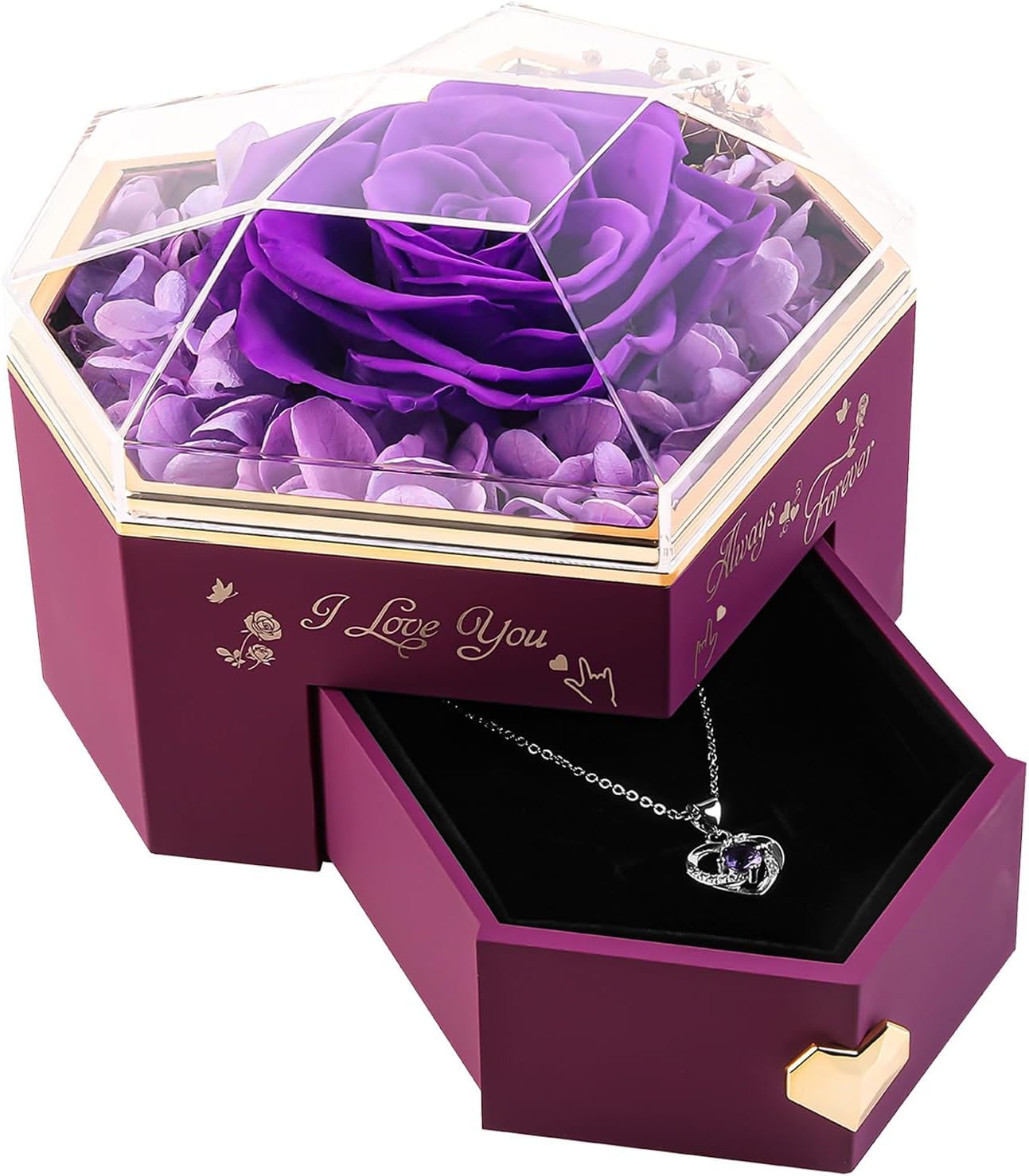 Heart Shape Preserved Real Rose Box with Necklace, Forever I Love You Roses Gifts for Her, Eternal Flowers Gifts for Women, Anniversary Thanksgiving Ideas - Purple
