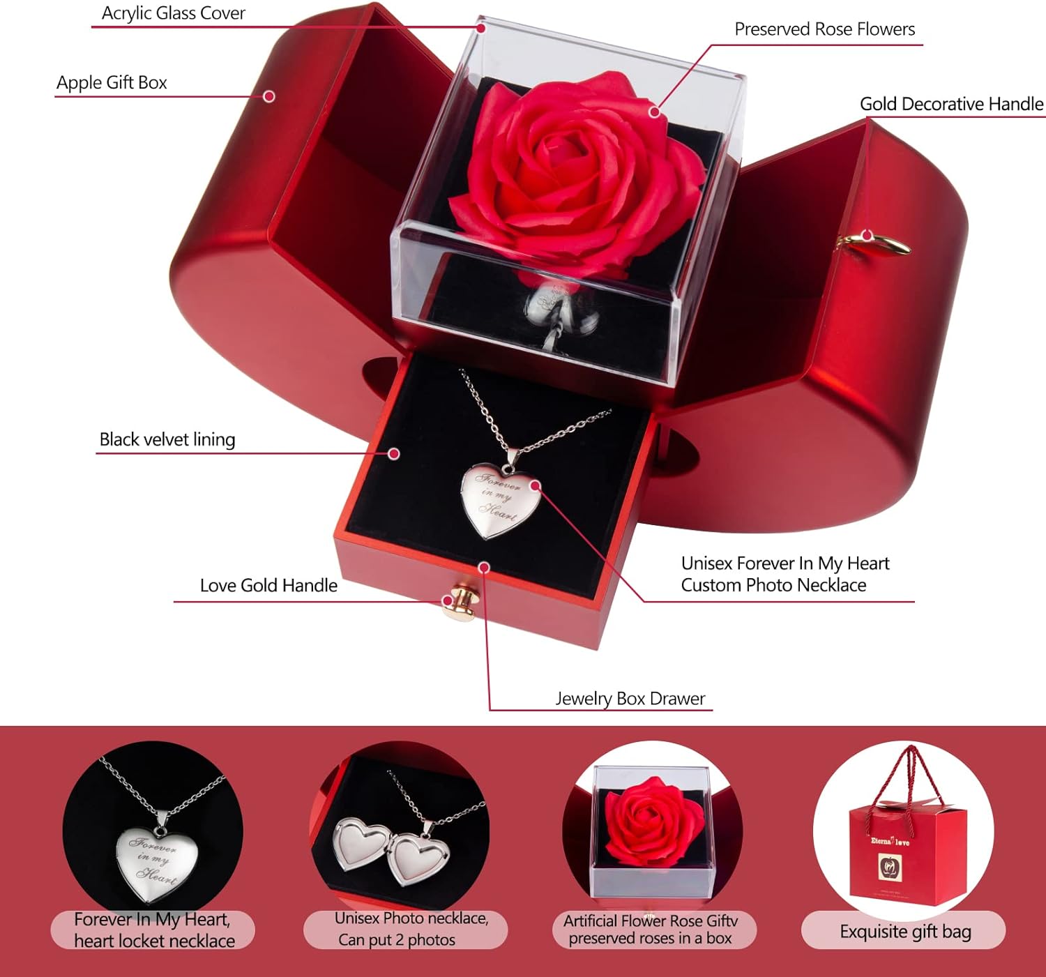 Forever Red Roses Heart Box to My Love Cherish These Preserved Roses with Custom Photo Necklace Eternal Flowers for Her Girlfriend Wife Mom Grandma