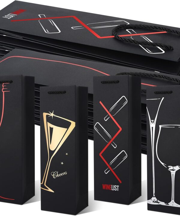 Ovveroche 20 Pack Wine Gift Bags with Handles, Reusable Wine Bottle Gift Bags for Liquor Champagne, Metallic Foil Designs for Christmas Thanksgiving Halloween Holiday Birthday Party