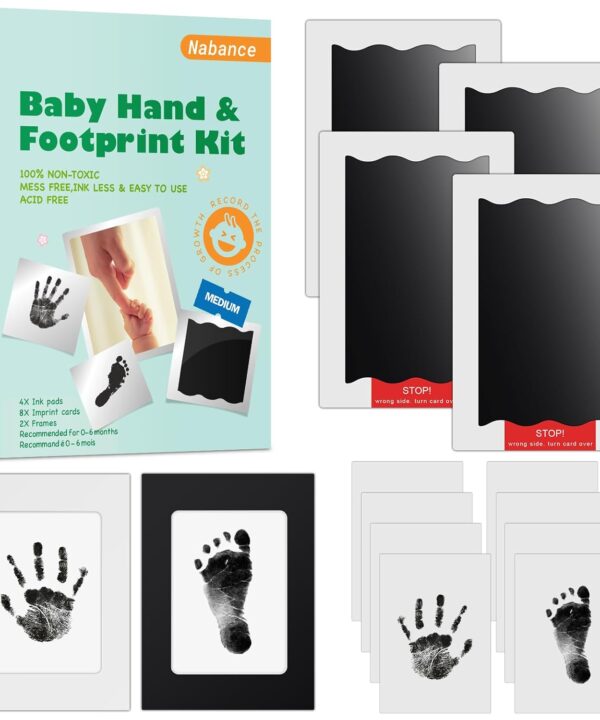 Nabance Baby Hand and Footprint Kit, Newborn Inkless Hand and Footprint kit, 4 Inkless Print Pads with 2 Photo Frames, 8 Imprint Cards, Safe No Mess Clean Touch Ink Pads for Babies 0-6 Months