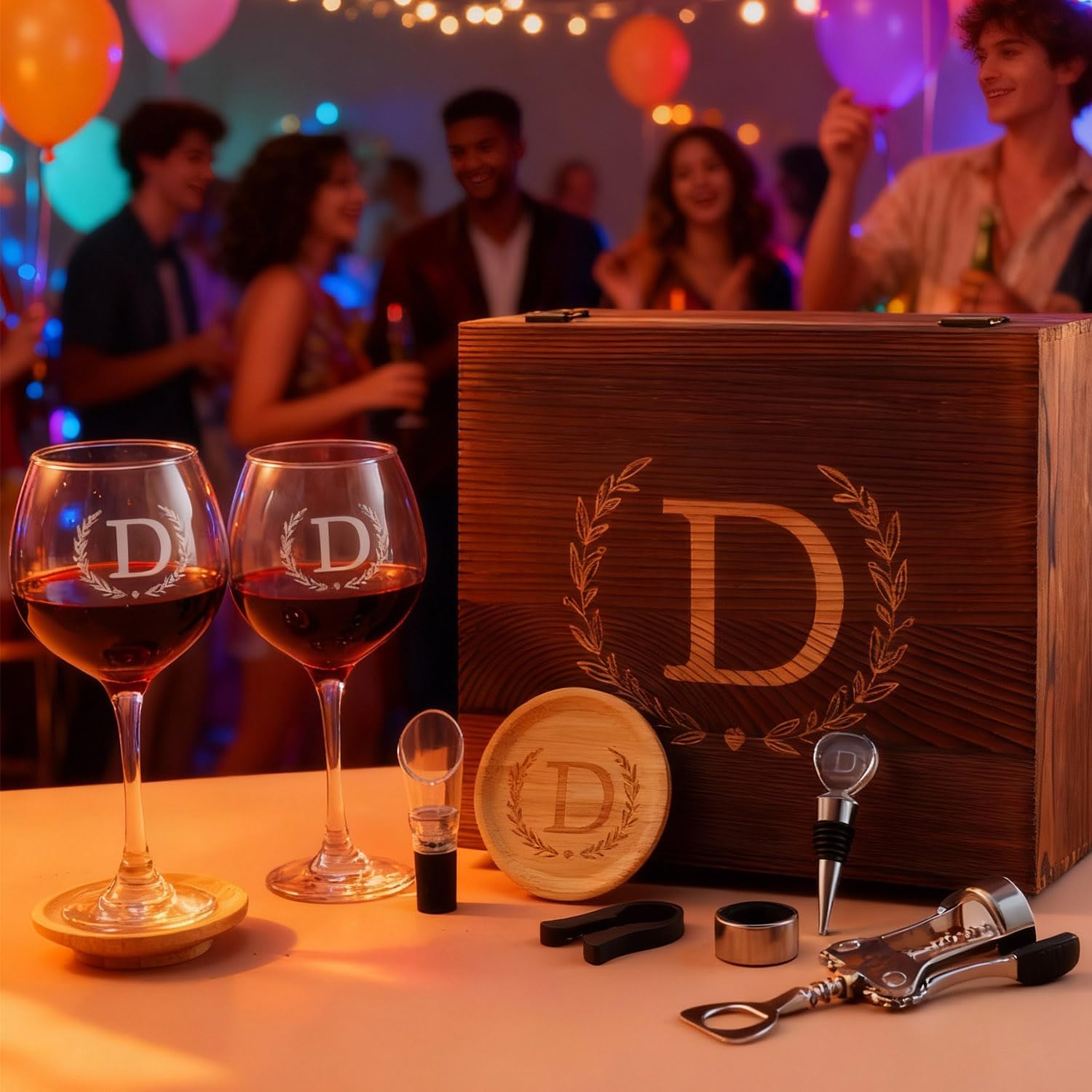 GZLDGIFTS Personalized Initial Wine Glasses Box Gift Set For Women Mom Engraved Birthday Monogrammed Wooden Christmas Gifts Wedding Anniversary Wine Couples Stopper Opener Initial Letterr (G Set)