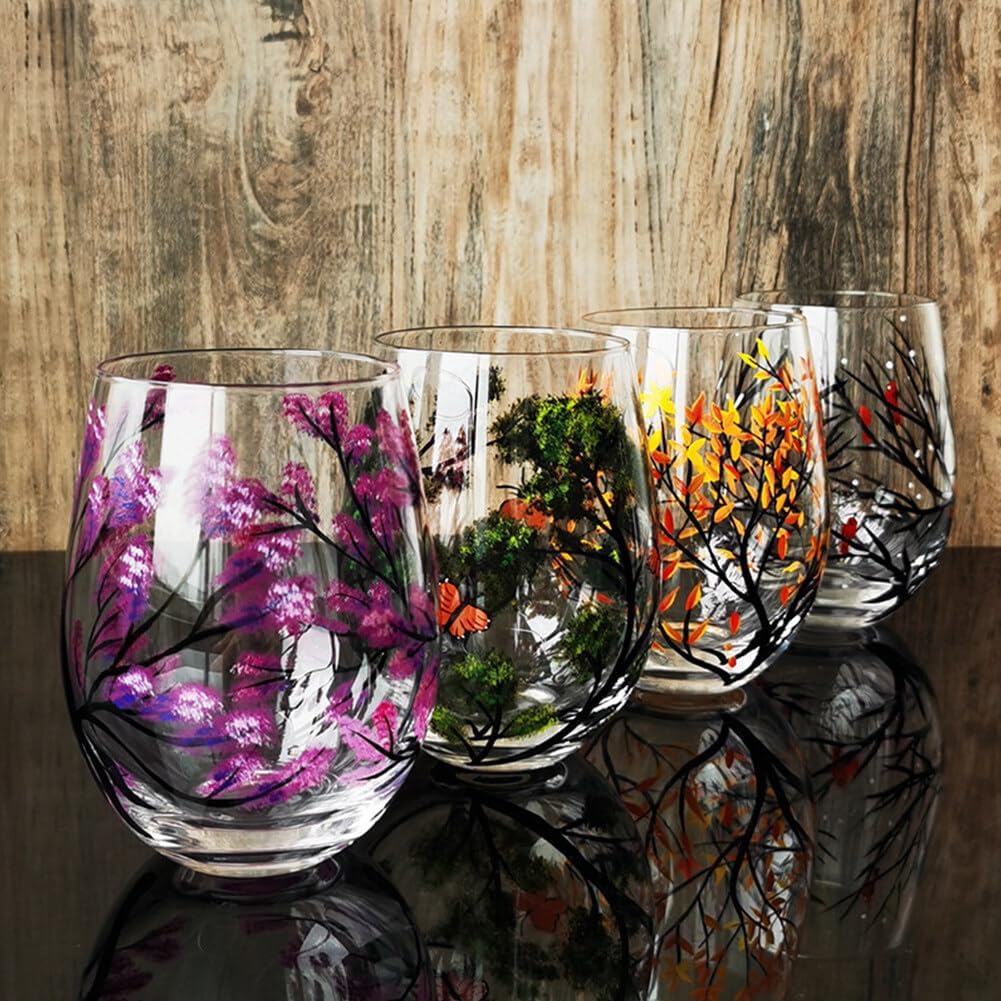 Grehge and Painted Wine Glass Four Seasons Tree Wine Glasses Fall Leaves Flower Seasons Colored Wine Glasses for Wine Cocktails Novelty Gift for Birthdays Weddings(Stemless glass)
