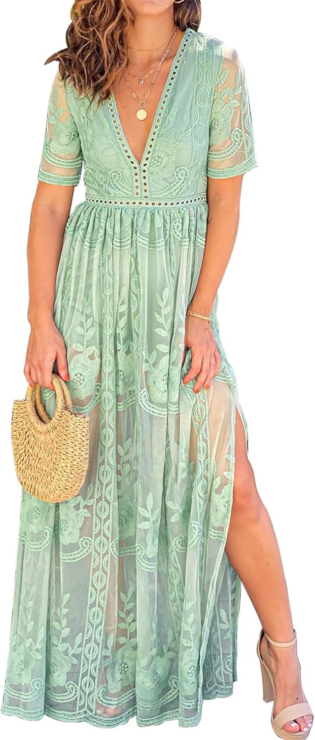 Women's Casual Off Shoulder Lace Maxi Dress Boho White Bridesmaid Wedding Evening Party Dresses