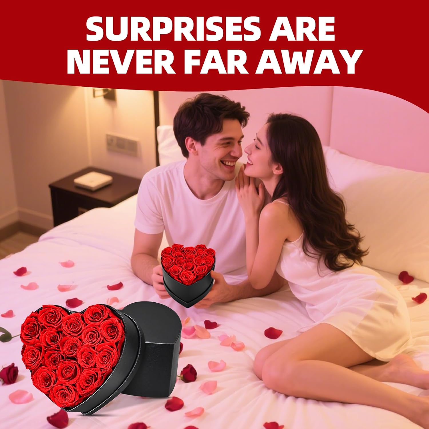 Preserved Red Roses Gift Box, 16 Roses in Black Box with Bow, Forever Flowers for Birthday, Valentines Day Mothers Day (Red -16)