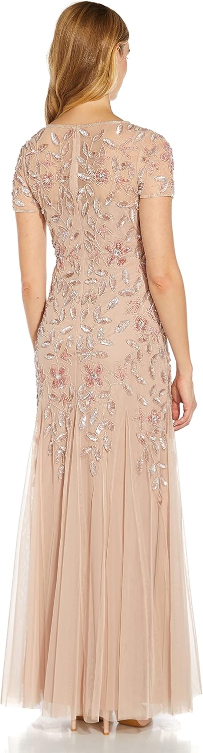 Adrianna Papell Womens Floral Beaded Godet Gown