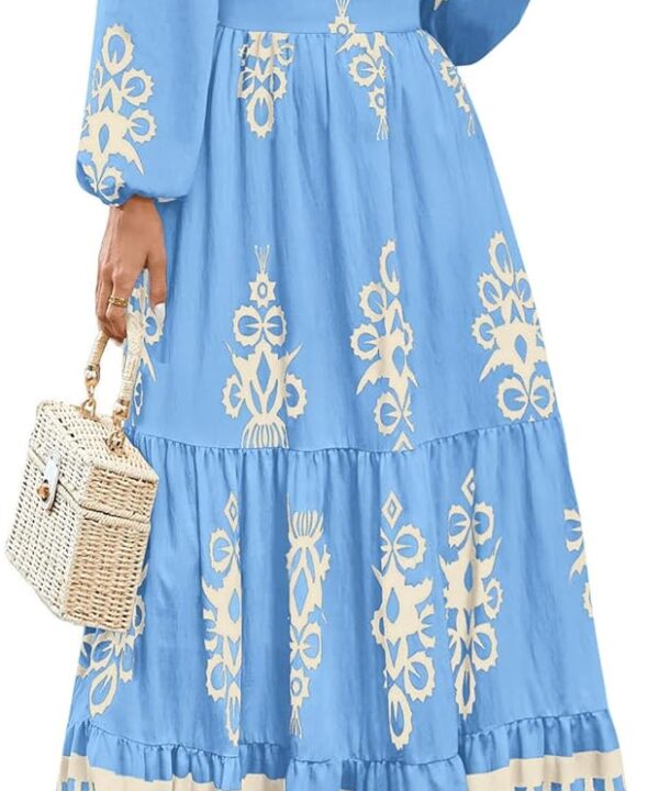 PRETTYGARDEN Women's 2025 Fall Wedding Guest Dresses Boho Floral Long Sleeve V Neck Flowy Elegant Maxi Dress Beach Clothes