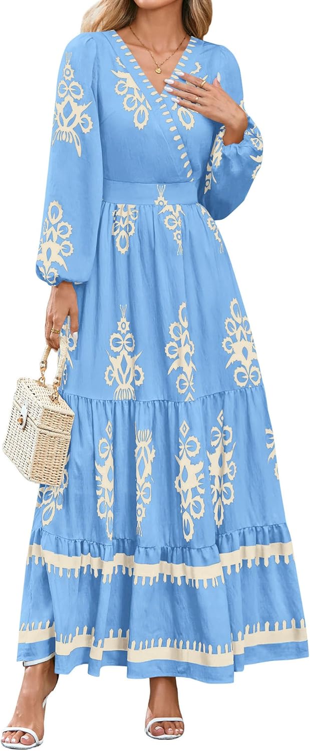 PRETTYGARDEN Women's 2025 Fall Wedding Guest Dresses Boho Floral Long Sleeve V Neck Flowy Elegant Maxi Dress Beach Clothes