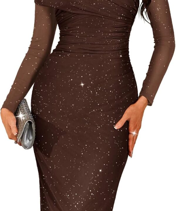 BeryLove Womens Long Sleeve Off Shoulder Formal Wedding Guest 2025 Mesh Sequin Dress
