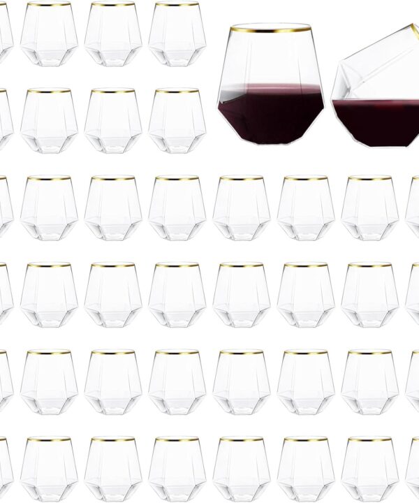 40 Pcs Plastic Wine Cups,12 Oz Gold Rim Plastic Diamond Wine Glass Disposable Stemless Wine Glasses Unbreakable Diamond Wine Glasses for Housewarming Birthday Party Wedding